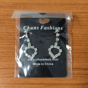 Crystal Rhinestone Bridal Faux Diamond Silver/Platinum Tone Heart Drop Earrings